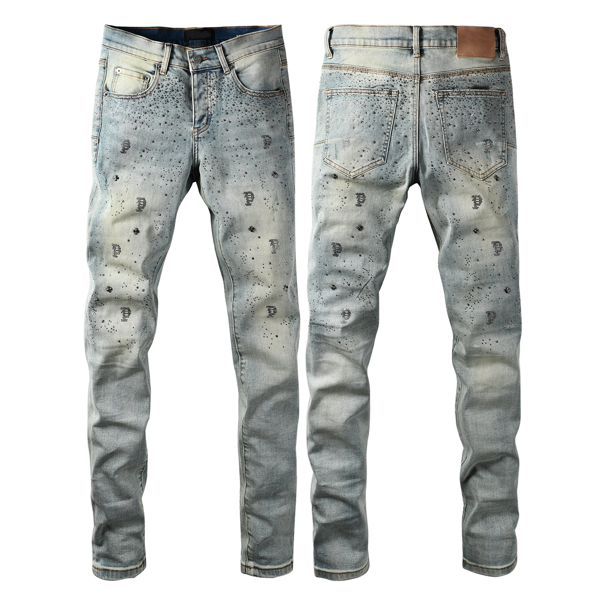 Vaqueros azul claro de moda para hombre, corte ajustado, con estampado negro y detalles de cristales 9127 