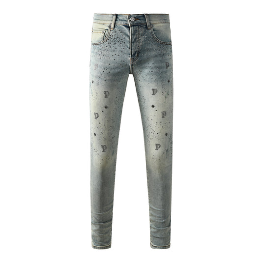 Jean bleu clair tendance pour homme, coupe slim, imprimé noir et détails en cristal sur toute la surface 9127 