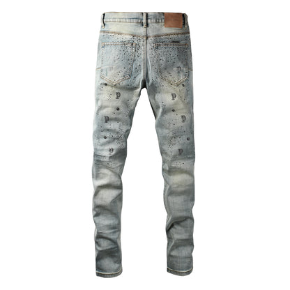 Vaqueros azul claro de moda para hombre, corte ajustado, con estampado negro y detalles de cristales 9127 