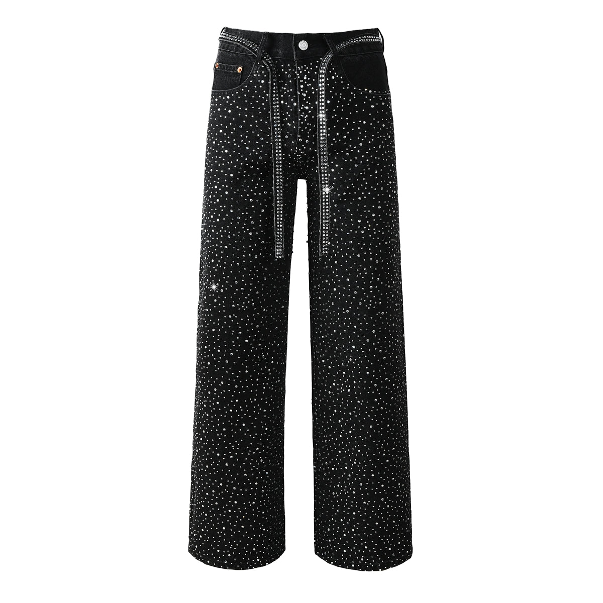 Jean noir tendance pour homme, coupe ample, avec clous en cristal scintillants et bretelles décoratives sur le devant 9128 