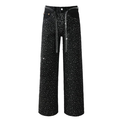 Jean noir tendance pour homme, coupe ample, avec clous en cristal scintillants et bretelles décoratives sur le devant 9128 