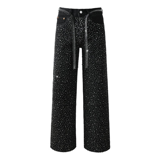 Jean noir tendance pour homme, coupe ample, avec clous en cristal scintillants et bretelles décoratives sur le devant 9128 