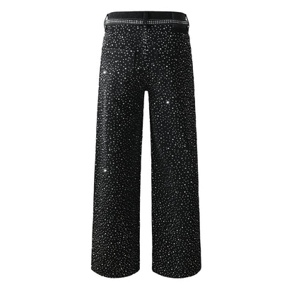 Jean noir tendance pour homme, coupe ample, avec clous en cristal scintillants et bretelles décoratives sur le devant 9128 