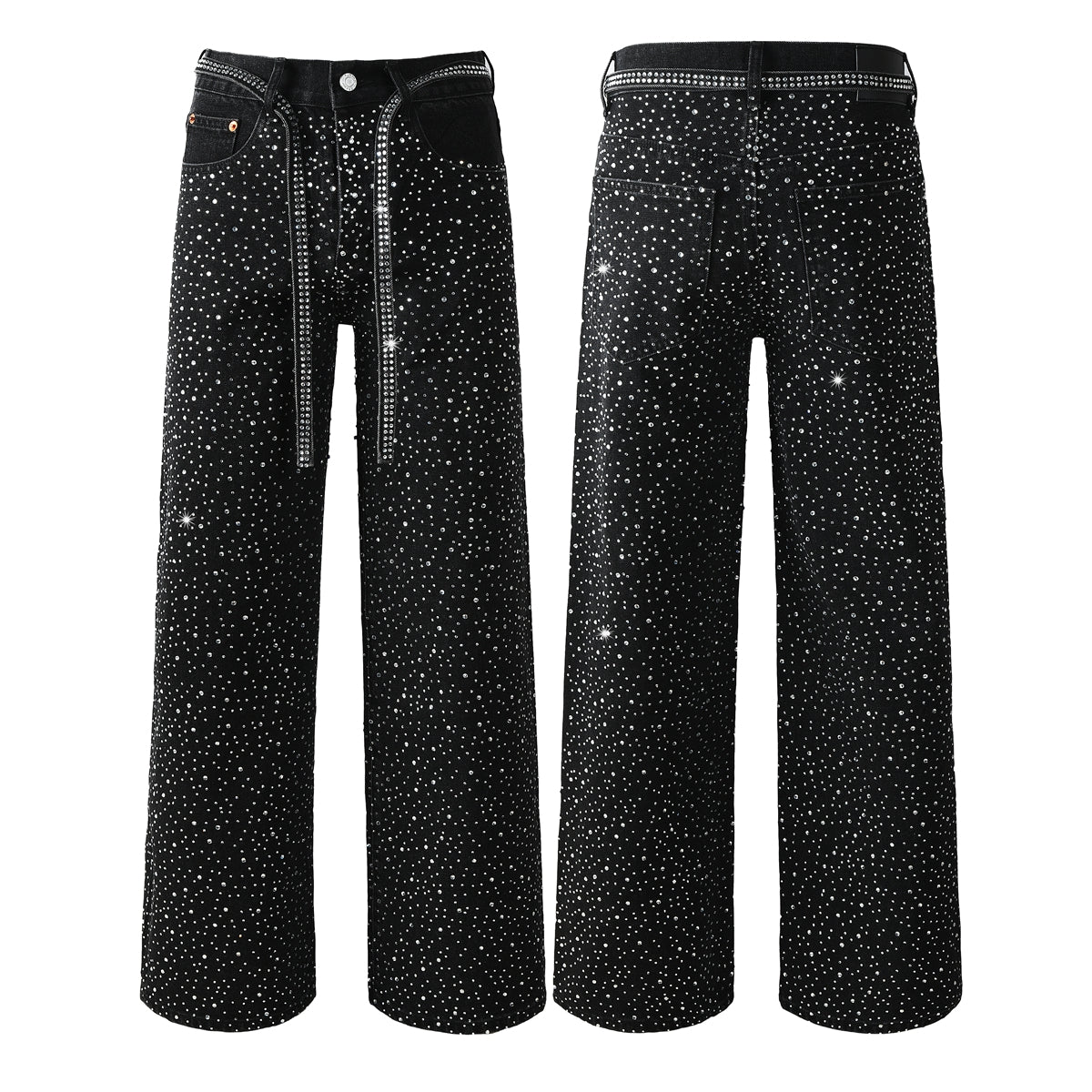 Jean noir tendance pour homme, coupe ample, avec clous en cristal scintillants et bretelles décoratives sur le devant 9128 