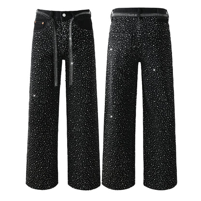 Jean noir tendance pour homme, coupe ample, avec clous en cristal scintillants et bretelles décoratives sur le devant 9128 