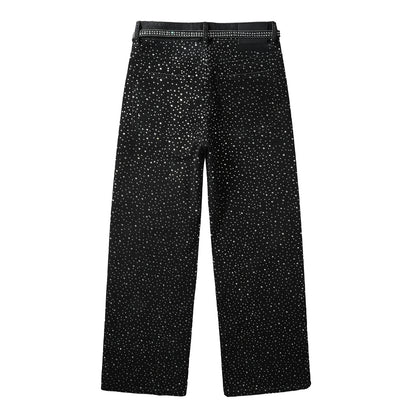 Jean noir tendance pour homme, coupe ample, avec clous en cristal scintillants et bretelles décoratives sur le devant 9128 