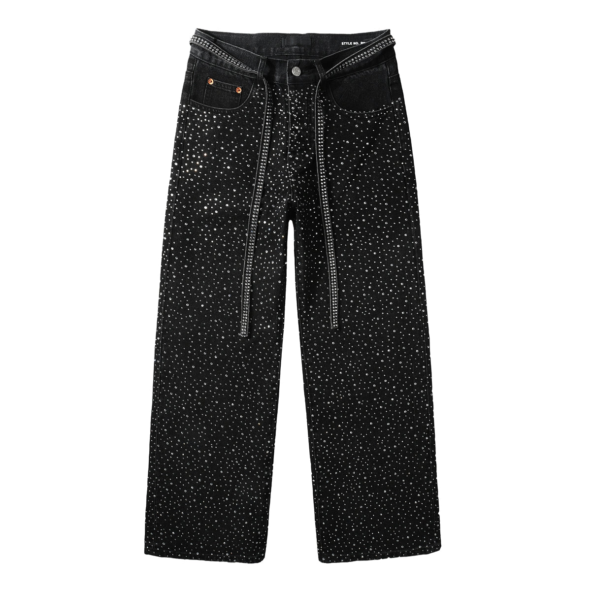 Jean noir tendance pour homme, coupe ample, avec clous en cristal scintillants et bretelles décoratives sur le devant 9128 