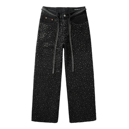 Jean noir tendance pour homme, coupe ample, avec clous en cristal scintillants et bretelles décoratives sur le devant 9128 