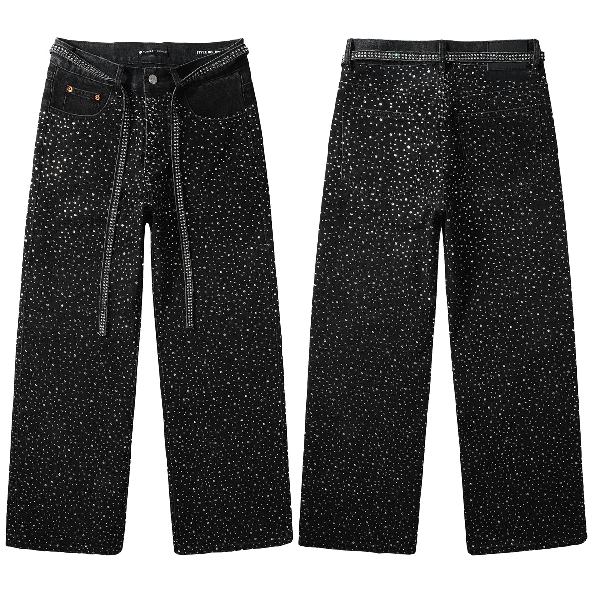 Jean noir tendance pour homme, coupe ample, avec clous en cristal scintillants et bretelles décoratives sur le devant 9128 