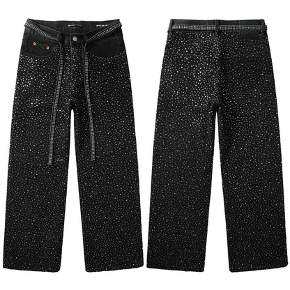 Jean noir tendance pour homme, coupe ample, avec clous en cristal scintillants et bretelles décoratives sur le devant 9128 