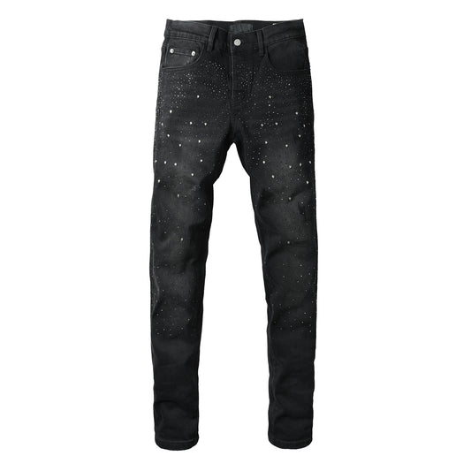 Jean skinny noir pour homme avec strass dégradés, inspiré du ciel nocturne scintillant, denim 9130 