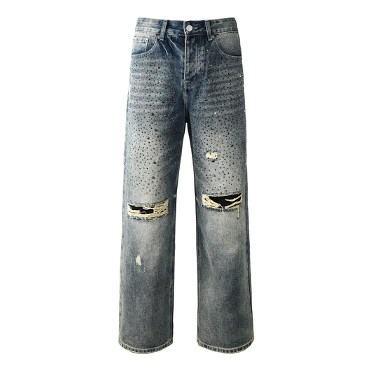 Jean bleu délavé pour homme, coupe ample, avec ornements en cristal et effet déchiré audacieux 9131 