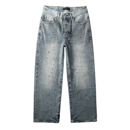 Jean large délavé vintage pour homme avec motif feu d'artifice en cristal et strass sur toute la surface 9133 