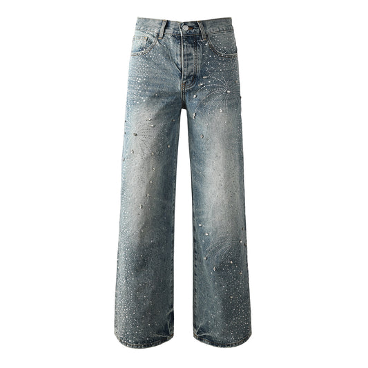 Jean large délavé vintage pour homme avec motif feu d'artifice en cristal et strass sur toute la surface 9133 