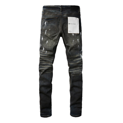 Jean déchiré violet pour homme, coupe slim élégante, peinture noire, pantalon en denim High Street 9036