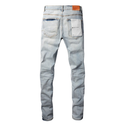 Jean skinny violet 9048 pour homme avec détails déchirés, pantalon motard en denim tendance avec patchs et motif imprimé. Jean violet