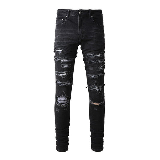 Jean slim stretch noir délavé avec détails en similicuir polyvalents (891-8833) 