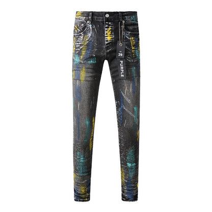 Jean noir tendance avec peinture colorée et détails graffiti 9078 