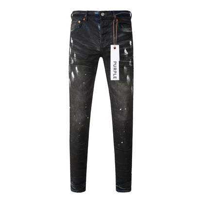 Jean déchiré violet pour homme, coupe slim élégante, peinture noire, pantalon en denim High Street 9036