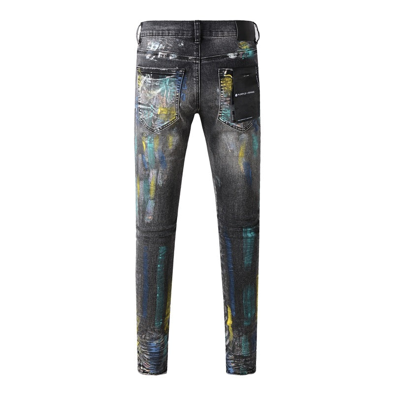 Jean noir tendance avec peinture colorée et détails graffiti 9078 