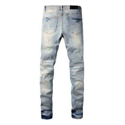 Vaqueros desgastados elásticos ajustados estilo punk para hombre con parche roto en la rodilla, pantalones azules 6848 