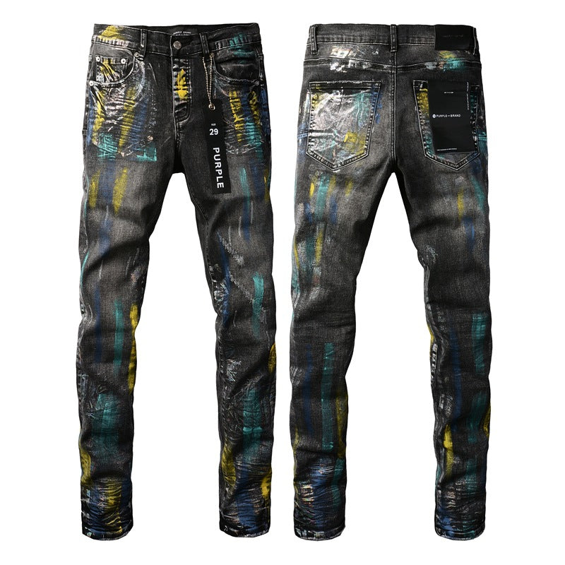 Jean noir tendance avec peinture colorée et détails graffiti 9078 