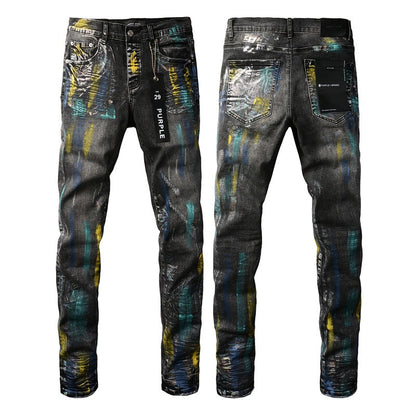 Jean noir tendance avec peinture colorée et détails graffiti 9078 
