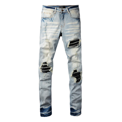Vaqueros desgastados elásticos ajustados estilo punk para hombre con parche roto en la rodilla, pantalones azules 6848 