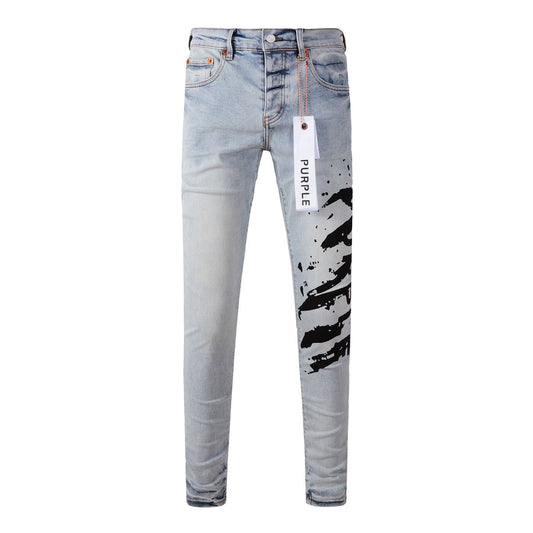 Jean skinny violet 9048 pour homme avec détails déchirés, pantalon motard en denim tendance avec patchs et motif imprimé. Jean violet