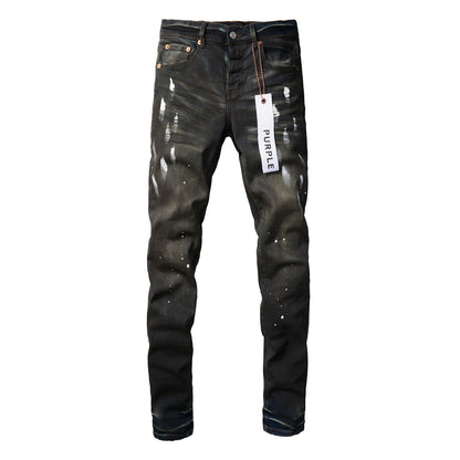 Jean déchiré violet pour homme, coupe slim élégante, peinture noire, pantalon en denim High Street 9036
