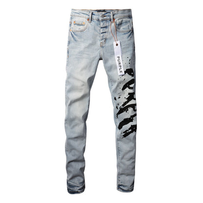 Jean skinny violet 9048 pour homme avec détails déchirés, pantalon motard en denim tendance avec patchs et motif imprimé. Jean violet