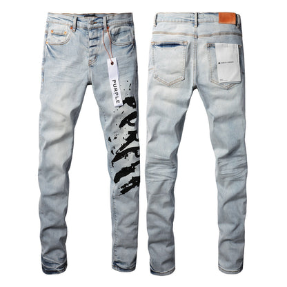 Jean skinny violet 9048 pour homme avec détails déchirés, pantalon motard en denim tendance avec patchs et motif imprimé. Jean violet