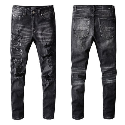 Jean Slim Fit Noir Homme 698 avec Stretch Confortable et Détails Patchwork 