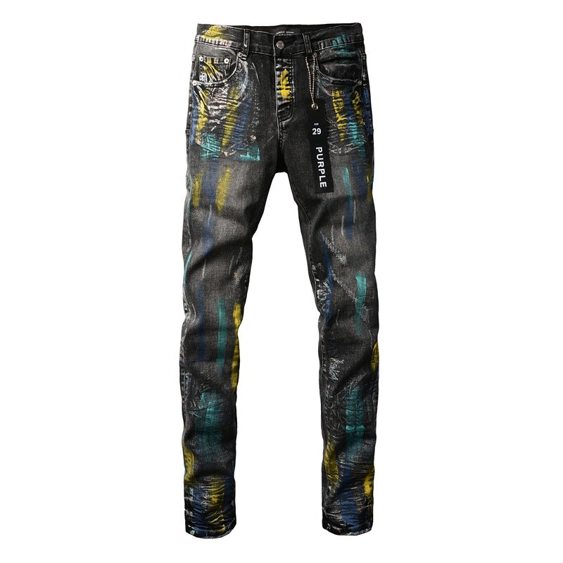 Jean noir tendance avec peinture colorée et détails graffiti 9078 