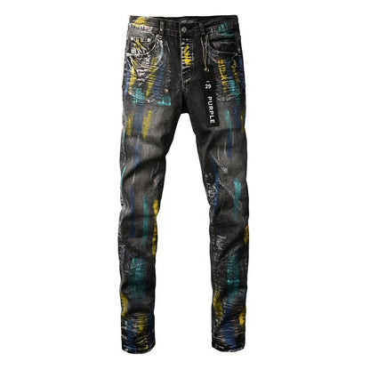 Jean noir tendance avec peinture colorée et détails graffiti 9078 