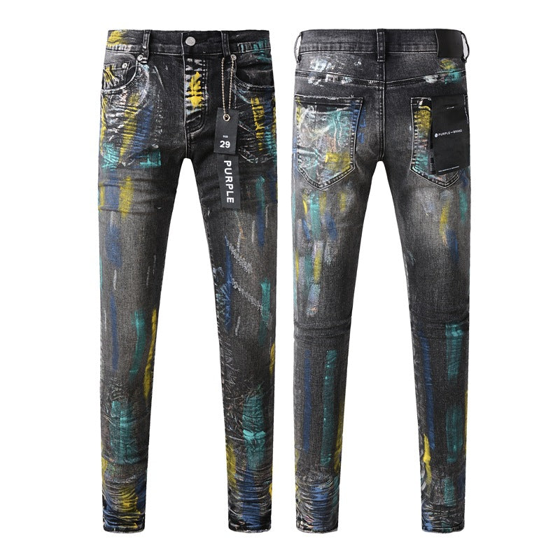 Jean noir tendance avec peinture colorée et détails graffiti 9078 