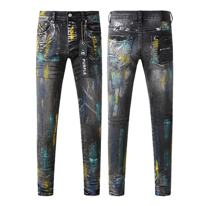 Jean noir tendance avec peinture colorée et détails graffiti 9078 