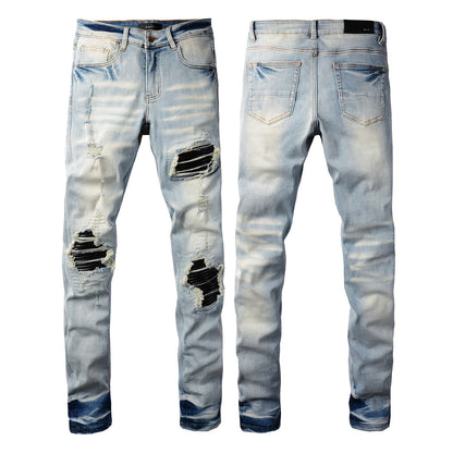 Vaqueros desgastados elásticos ajustados estilo punk para hombre con parche roto en la rodilla, pantalones azules 6848 
