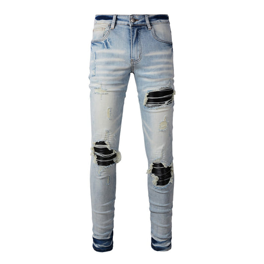 Jean slim extensible style punk pour homme, effet usé, avec patchs déchirés aux genoux, bleu 6848 